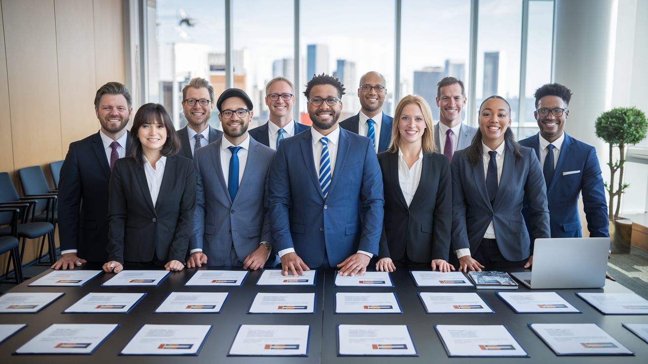 A photo of a group of diverse professionals wearing suits and ties. 