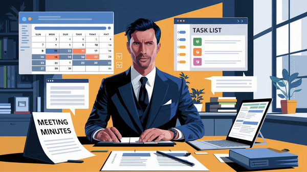 A digital illustration of a project manager using a software with a user interface displaying meeting minutes.